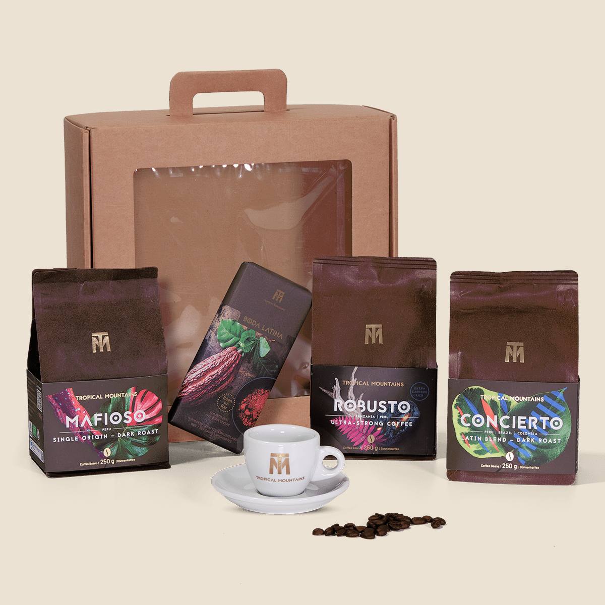 Geschenk Idee THE STRONG ITALIAN: Fair Trade Kaffeebohnen, Schokolade und Espressotasse
