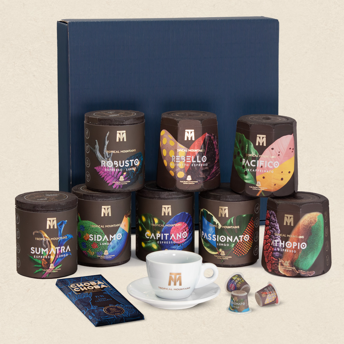 Geschenk-Idee Tropical Mountains UNIVERSE: Fair Trade Kapseln, Schokolade und Kaffeetasse