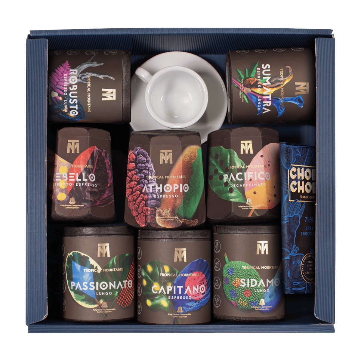 Geschenk-Idee Tropical Mountains UNIVERSE: Fair Trade Kapseln, Schokolade und Kaffeetasse