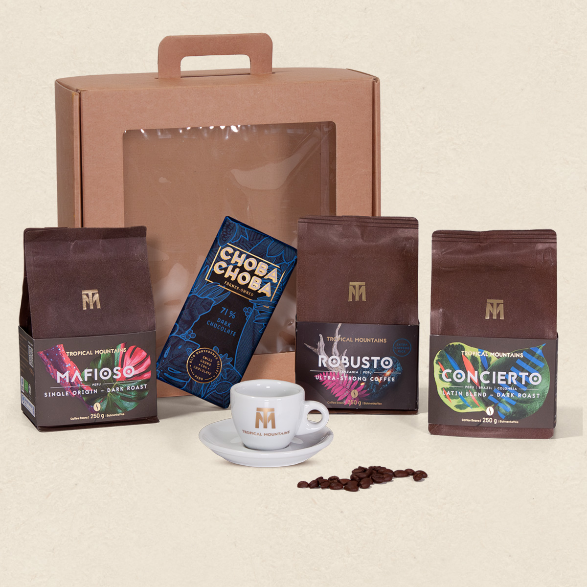 Geschenk Idee THE STRONG ITALIAN: Fair Trade Kaffeebohnen, Schokolade und Espressotasse