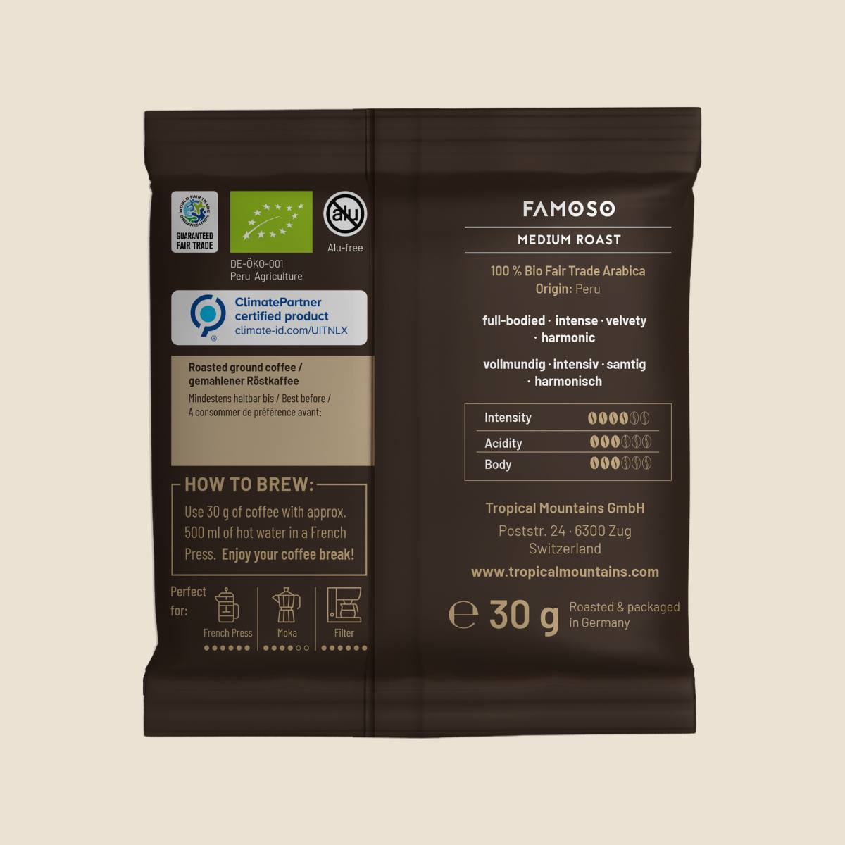 FAMOSO Filterkaffee mittlere Röstung Bio Fair Trade 20 Sachets à 30g 