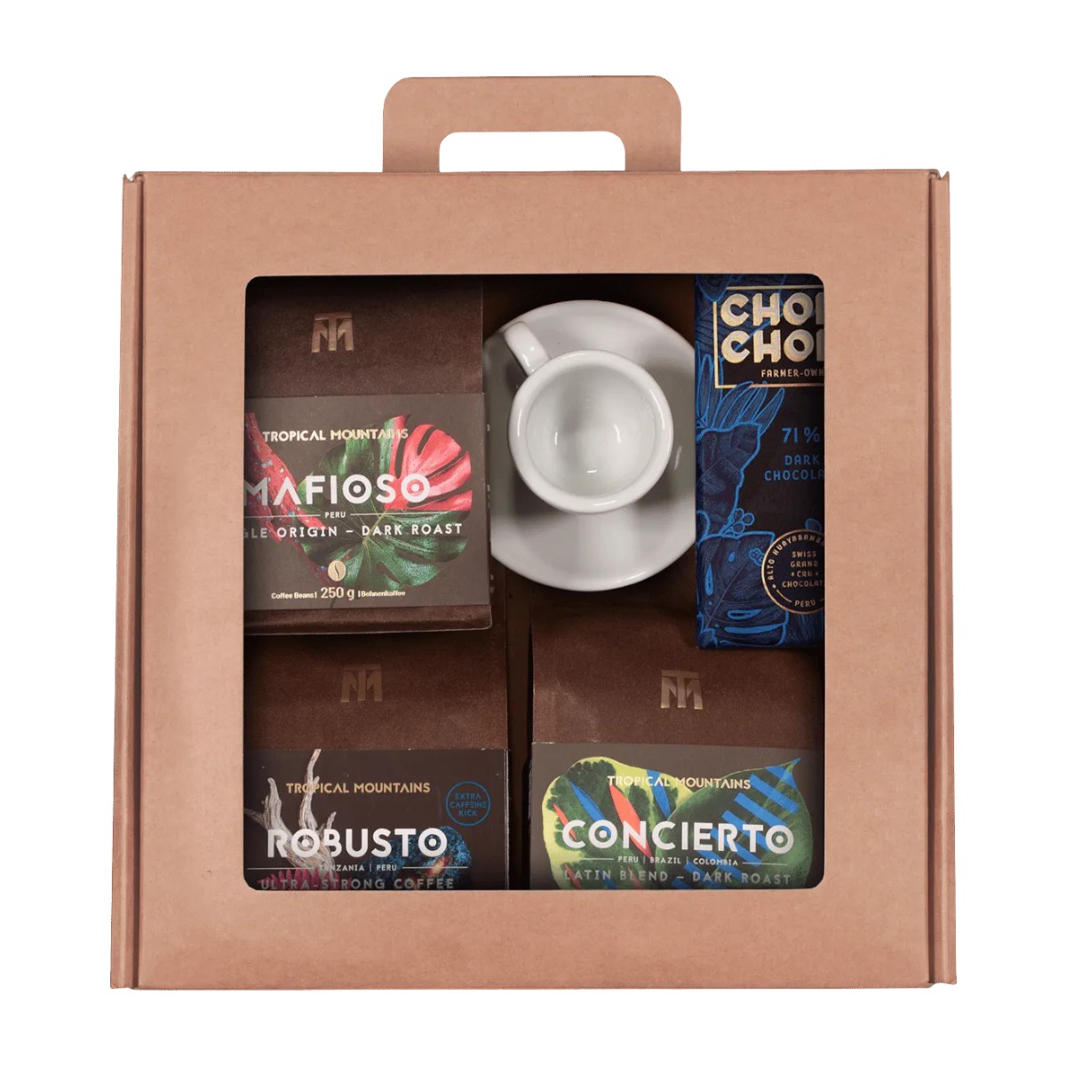 Geschenk Idee THE STRONG ITALIAN: Fair Trade Kaffeebohnen, Schokolade und Espressotasse Geschenk Idee THE STRONG ITALIAN: Fair Trade Kaffeebohnen, Schokolade und Espressotasse