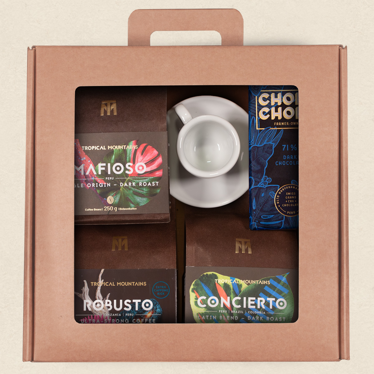 Geschenk Idee THE STRONG ITALIAN: Fair Trade Kaffeebohnen, Schokolade und Espressotasse