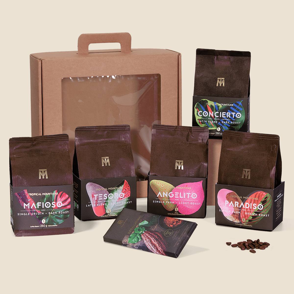 Geschenk-Idee SINGLE ORIGINS & BLENDS: Fair Trade Kaffeebohnen und Schokolade