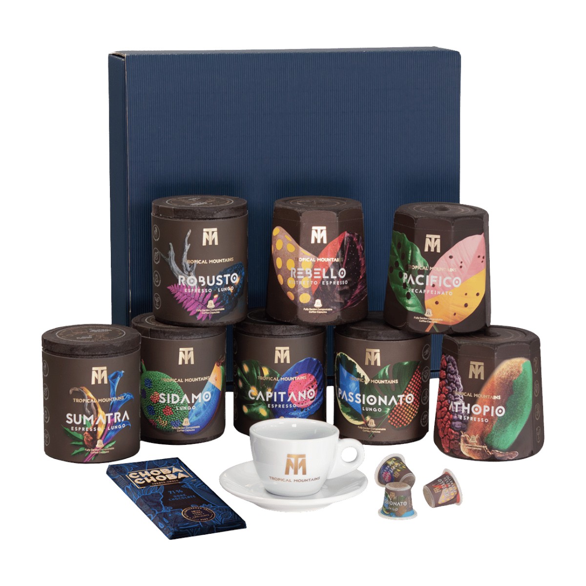 Geschenk-Idee Tropical Mountains UNIVERSE: Fair Trade Kapseln, Schokolade und Kaffeetasse