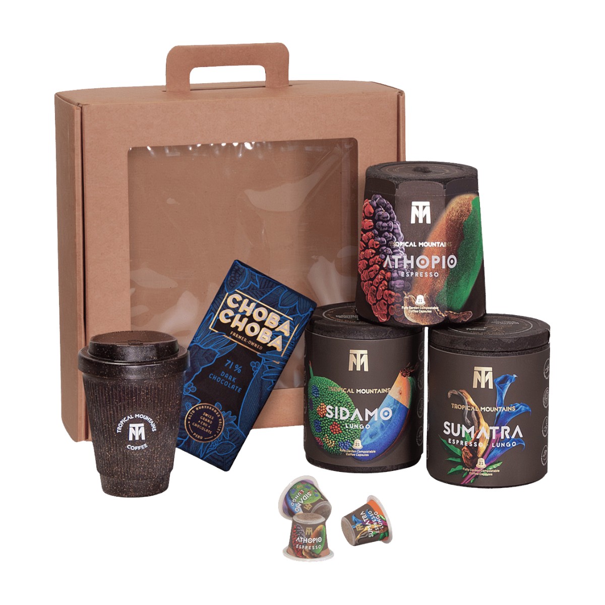 Geschenk-Idee AFRIC'ASIA: Fair Trade Kapseln, Schokolade und Weducer Cup Geschenk-Idee AFRIC'ASIA: Fair Trade Kapseln, Schokolade und Weducer Cup
