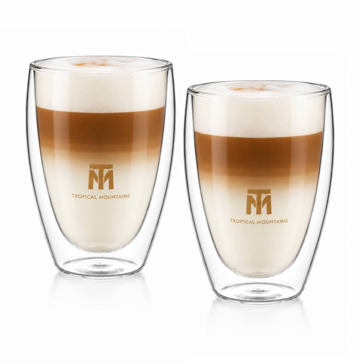 Double-walled cappuccino glasses with the Tropical Mountains logo (set of 2)