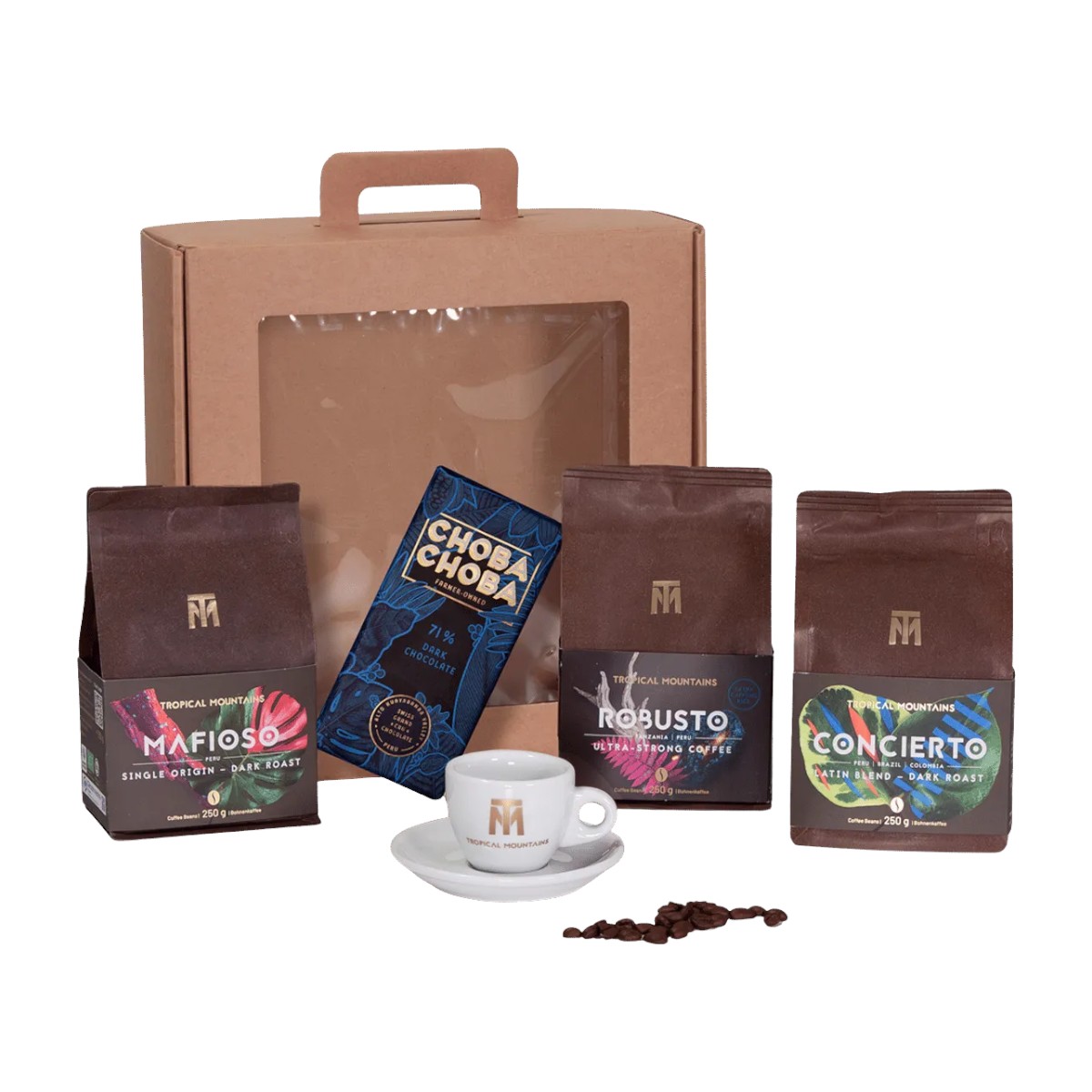 Geschenk Idee THE STRONG ITALIAN: Fair Trade Kaffeebohnen, Schokolade und Espressotasse Geschenk Idee THE STRONG ITALIAN: Fair Trade Kaffeebohnen, Schokolade und Espressotasse